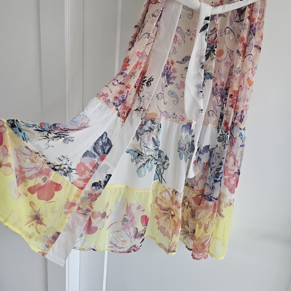 Vince Camuto Sheer Floral Midi Dress w/ Belt - Yellow Pink Watercolor - Coverup - Picture 3 of 5